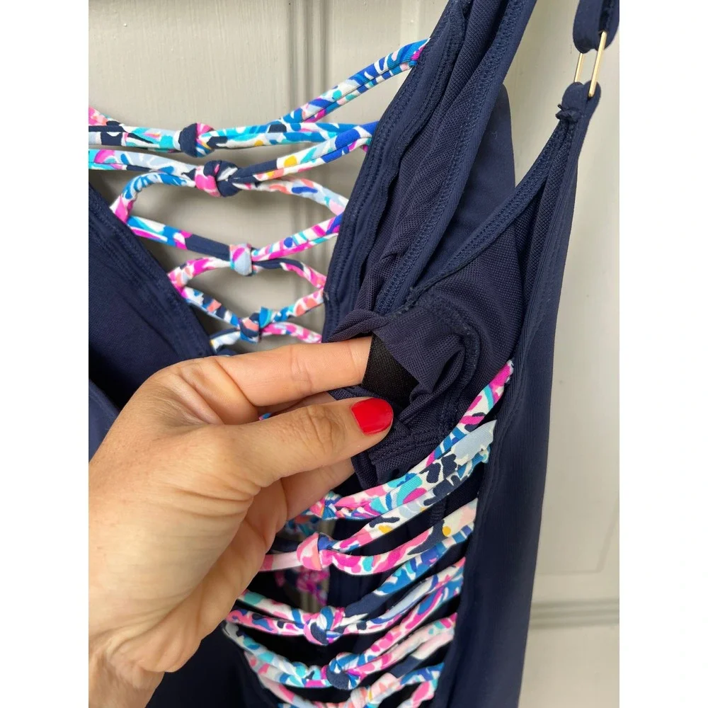 Lilly Pulitzer Isle Lattice One-Piece Swimsuit 6 Navy Blue Lace Up Cruise Sexy